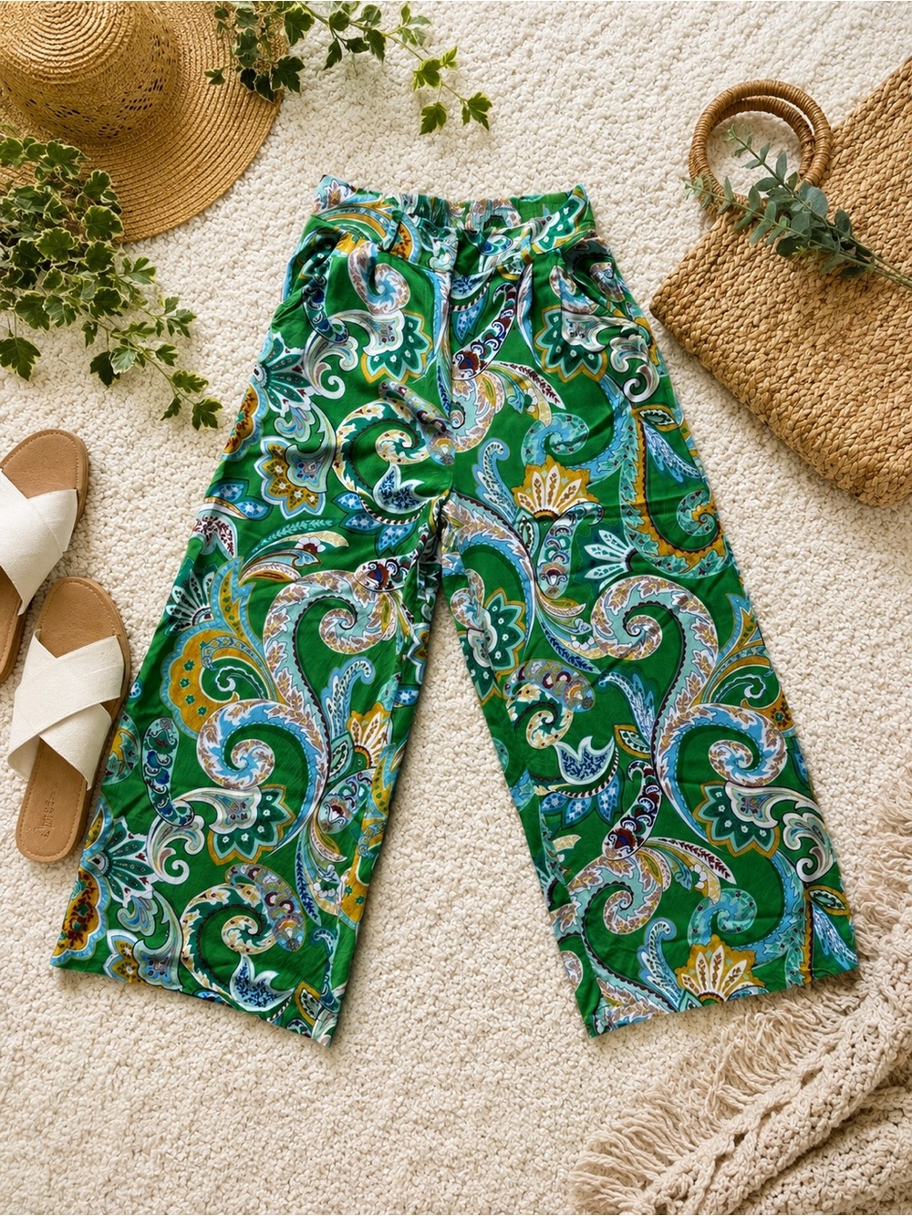 Christian Siriano Green Paisley Wide Leg Palazzo Pants size M